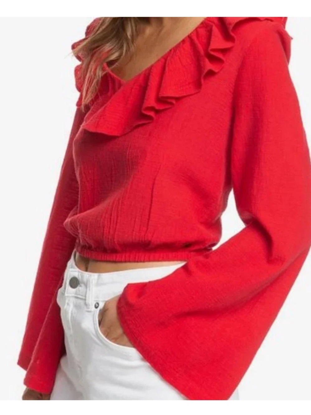 Red Roxy Ruffle-Neck Long-Sleeve Women's Top - Picture 2 of 6